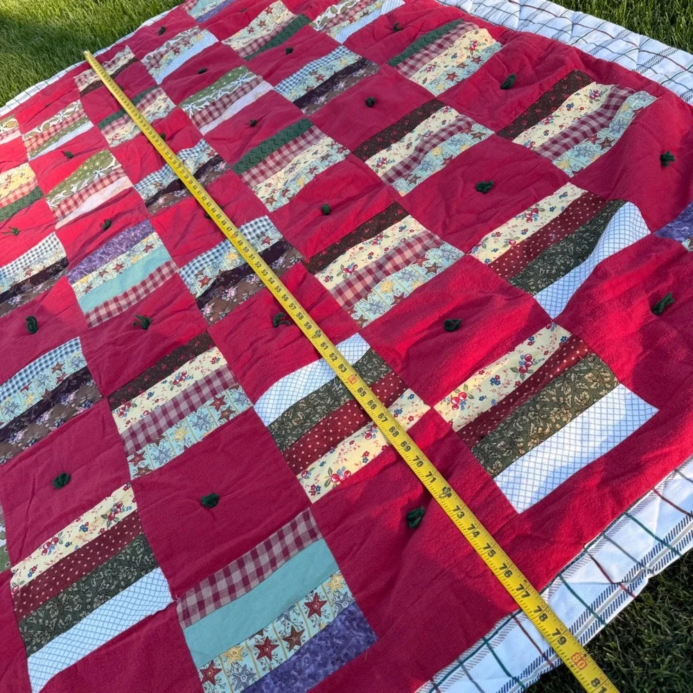 Handmade Patchwork Tied Quilt Red Plaid Floral Farmhouse Cottagecore 60x80 Throw